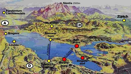 Bodensee, topografisch: Blickrichtung von Nord nach Süd, auf die Alpen und den Hausberg, den Säntis